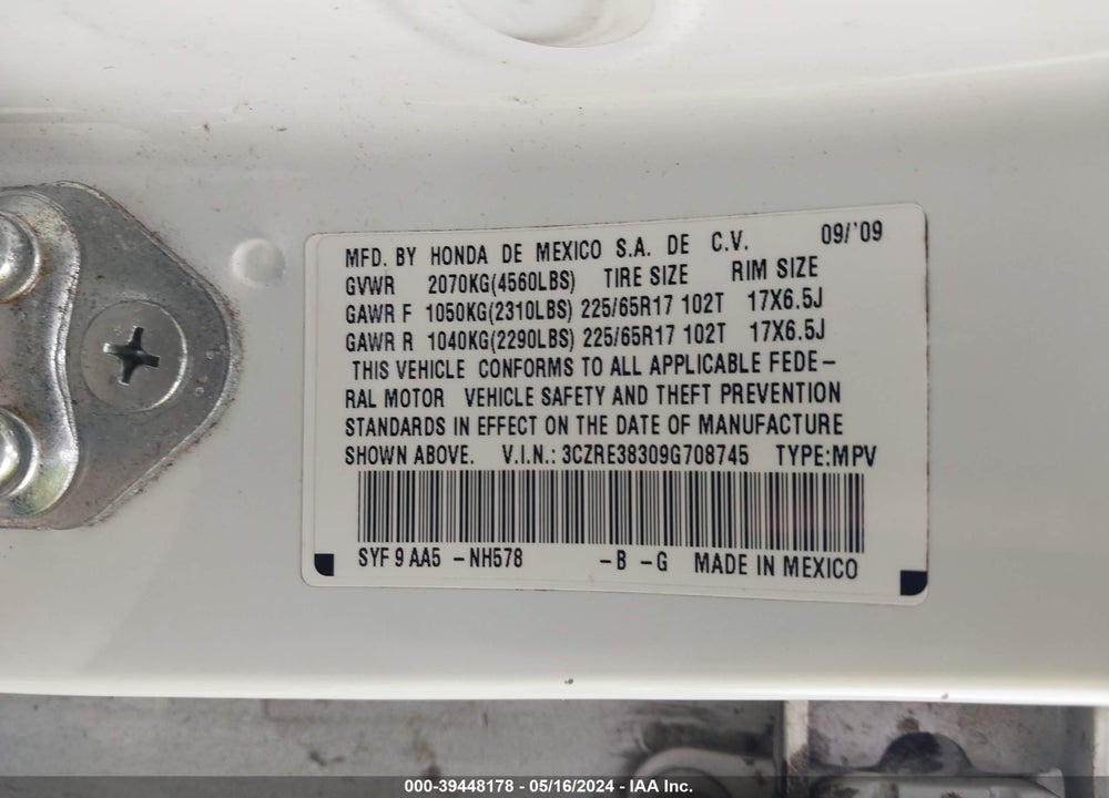 2009 HONDA CR-V LX VIN: 3CZRE38309G708745
