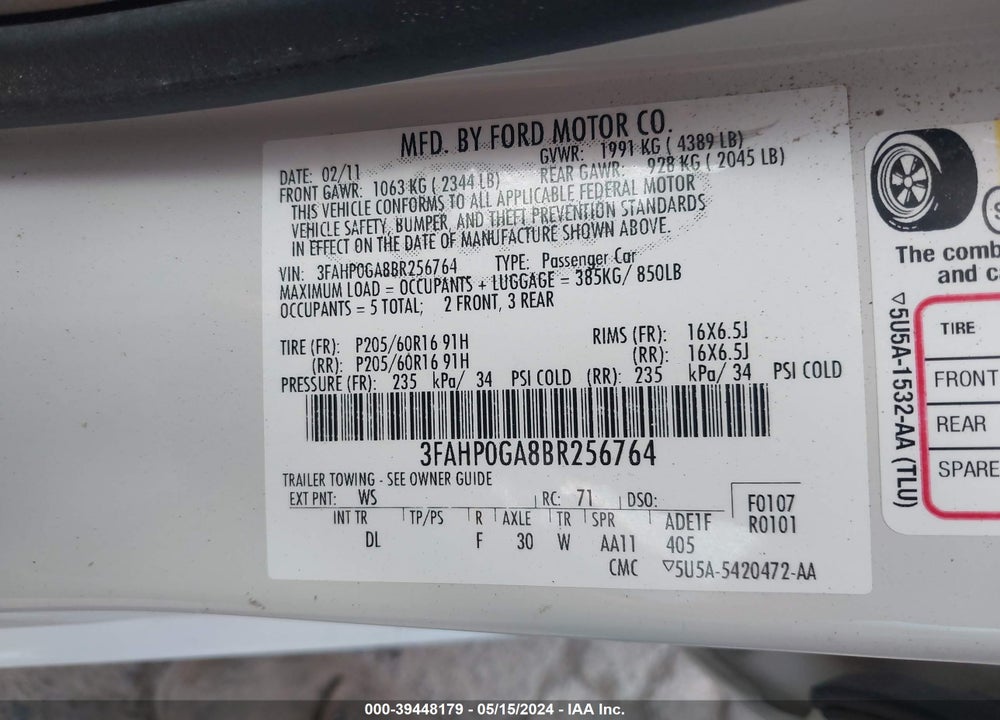 2011 FORD FUSION S VIN: 3FAHP0GA8BR256764