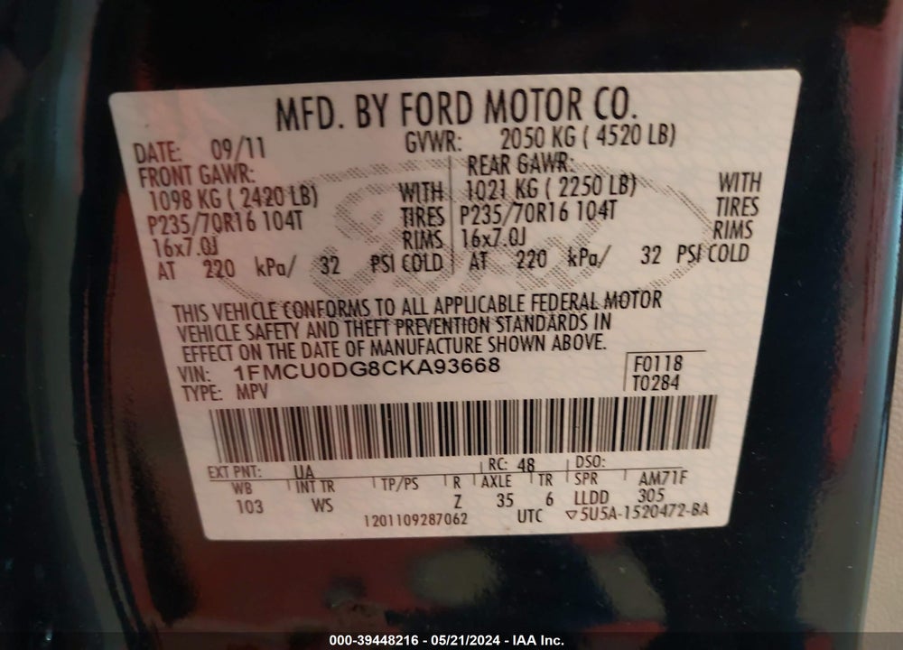 2012 FORD ESCAPE XLT VIN: 1FMCU0DG8CKA93668