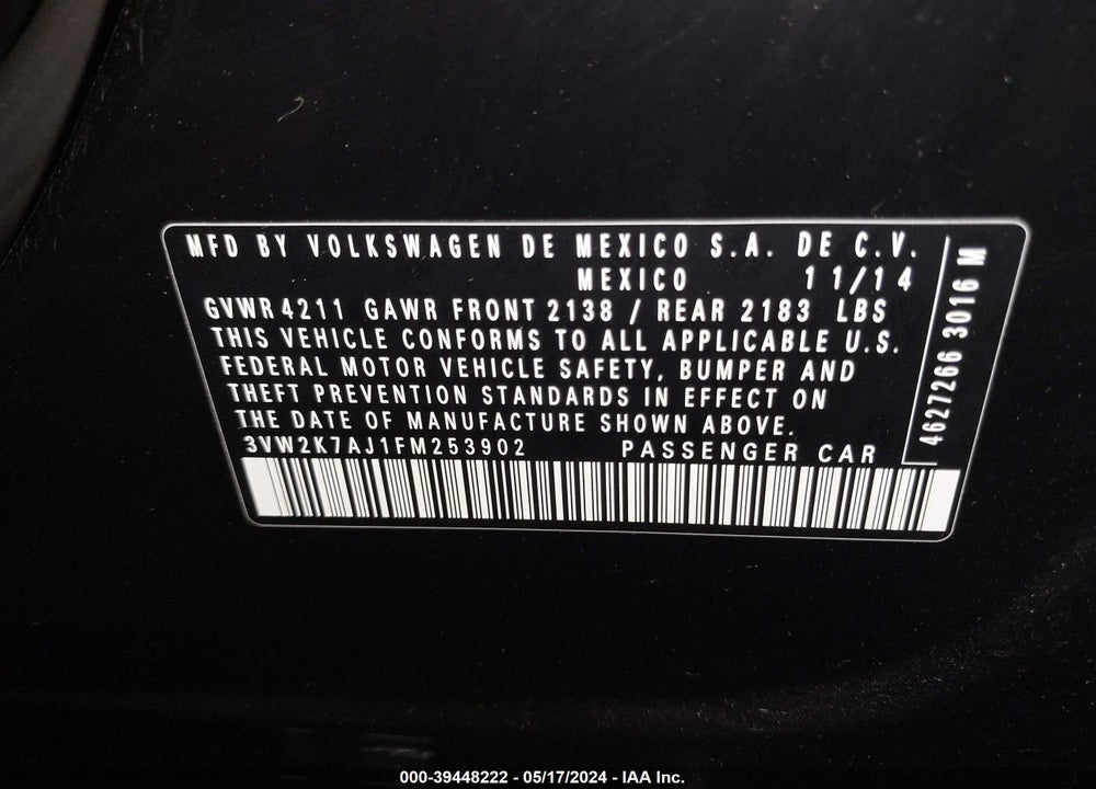 2015 VOLKSWAGEN JETTA 2.0L S VIN: 3VW2K7AJ1FM253902