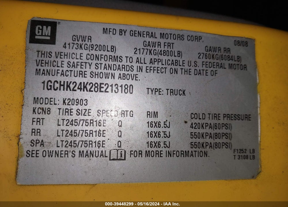 2008 CHEVROLET SILVERADO 2500HD VIN: 1GCHK24K28E213180