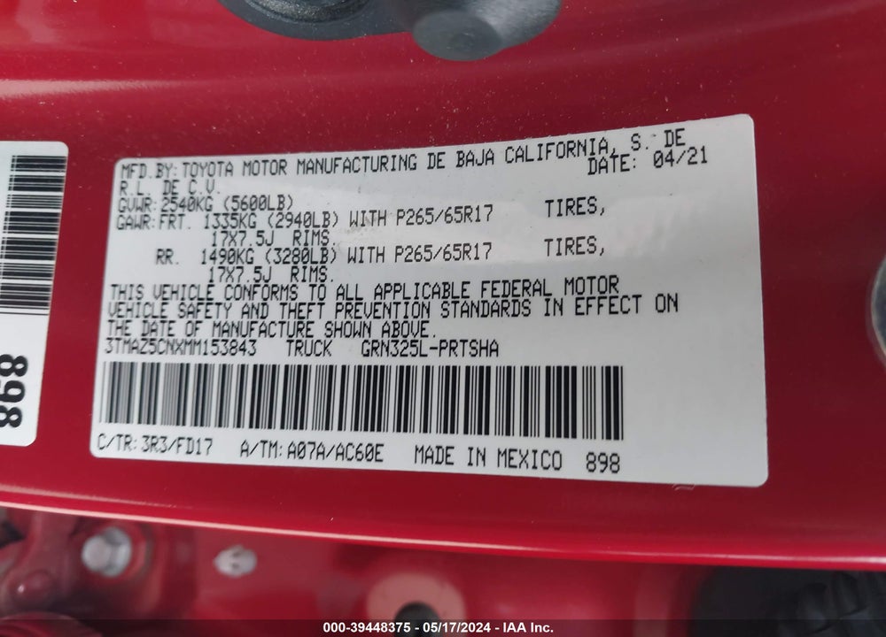 2021 TOYOTA TACOMA TRD SPORT VIN: 3TMAZ5CNXMM153843