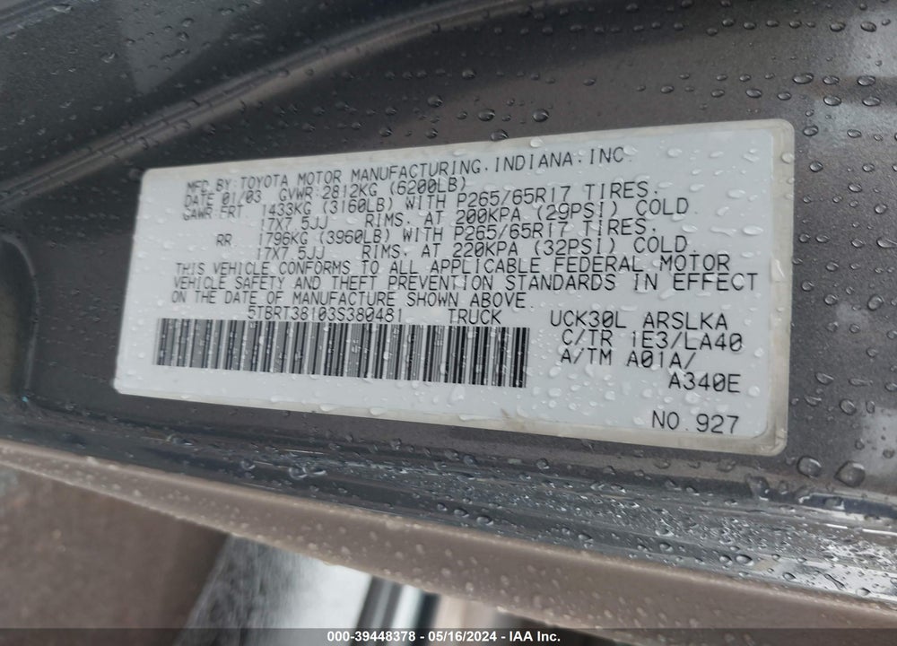 2003 TOYOTA TUNDRA LIMITED V8 VIN: 5TBRT38103S380481