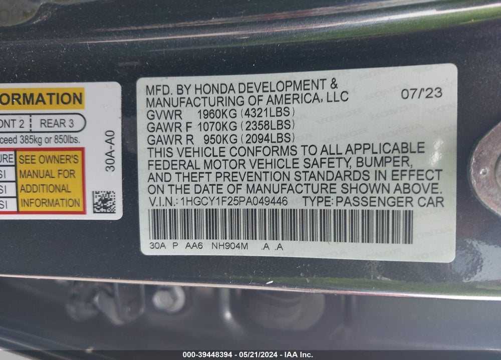 2023 HONDA ACCORD VIN: 1HGCY1F25PA049446
