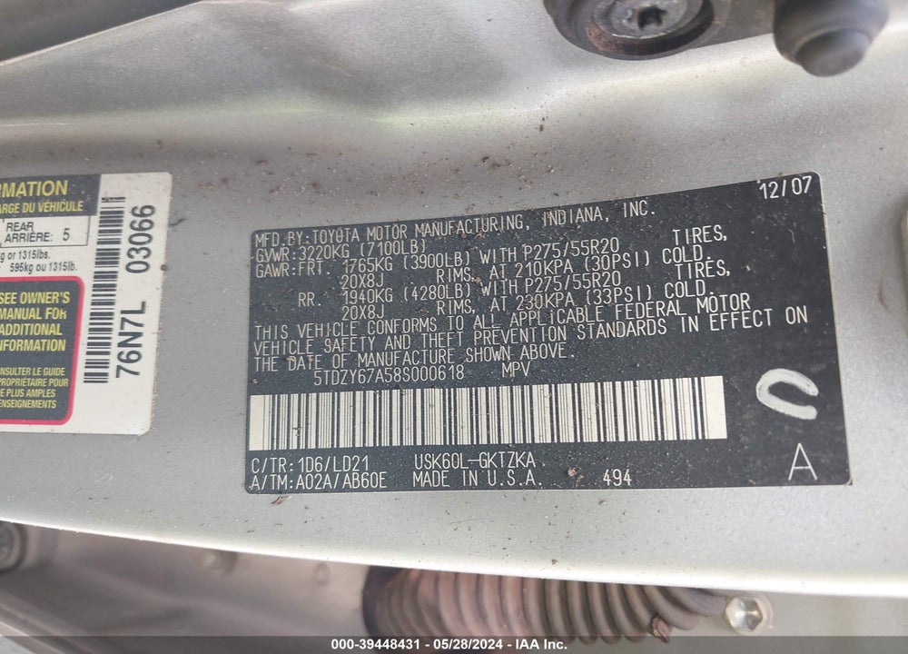 2008 TOYOTA SEQUOIA PLATINUM 5.7L V8 VIN: 5TDZY67A58S000618