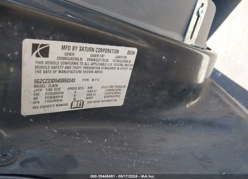 2004 SATURN VUE 4 CYL VIN: 5GZCZ23D54S868243