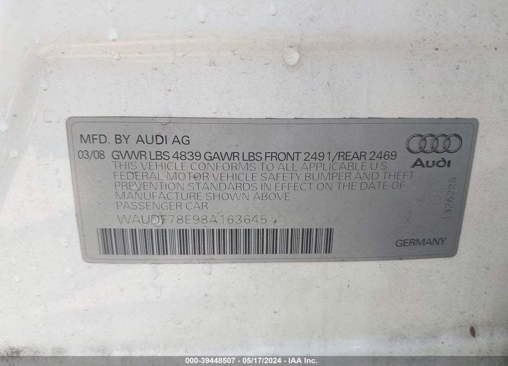 2008 AUDI A4 2.0T/2.0T SPECIAL EDITION VIN: WAUDF78E98A163645