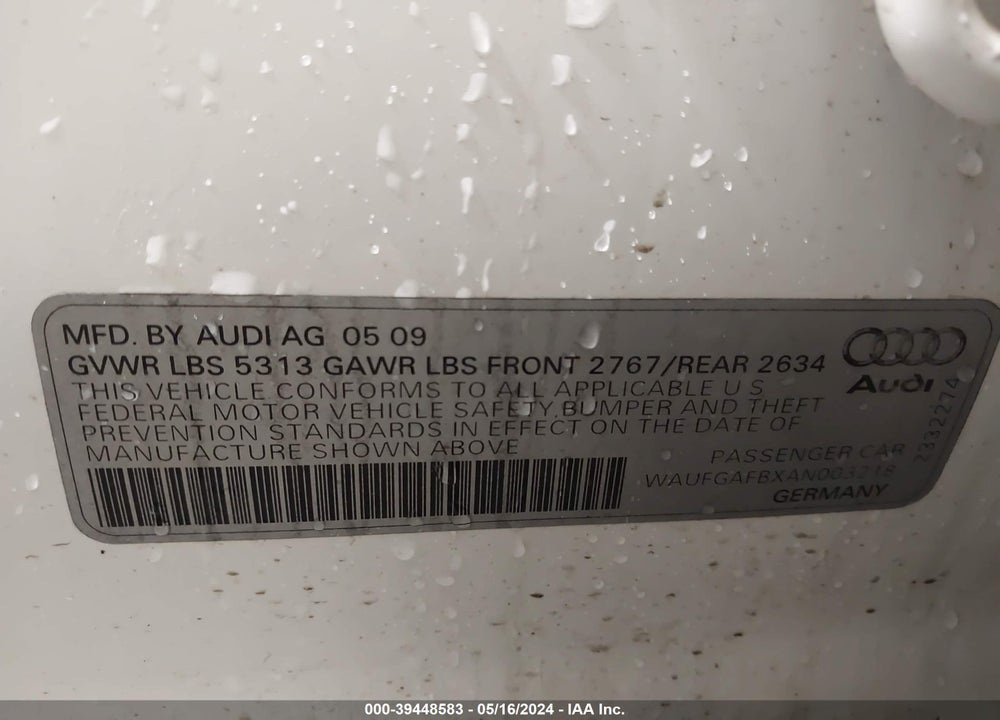 2010 AUDI A6 VIN: WAUFGAFBXAN003218