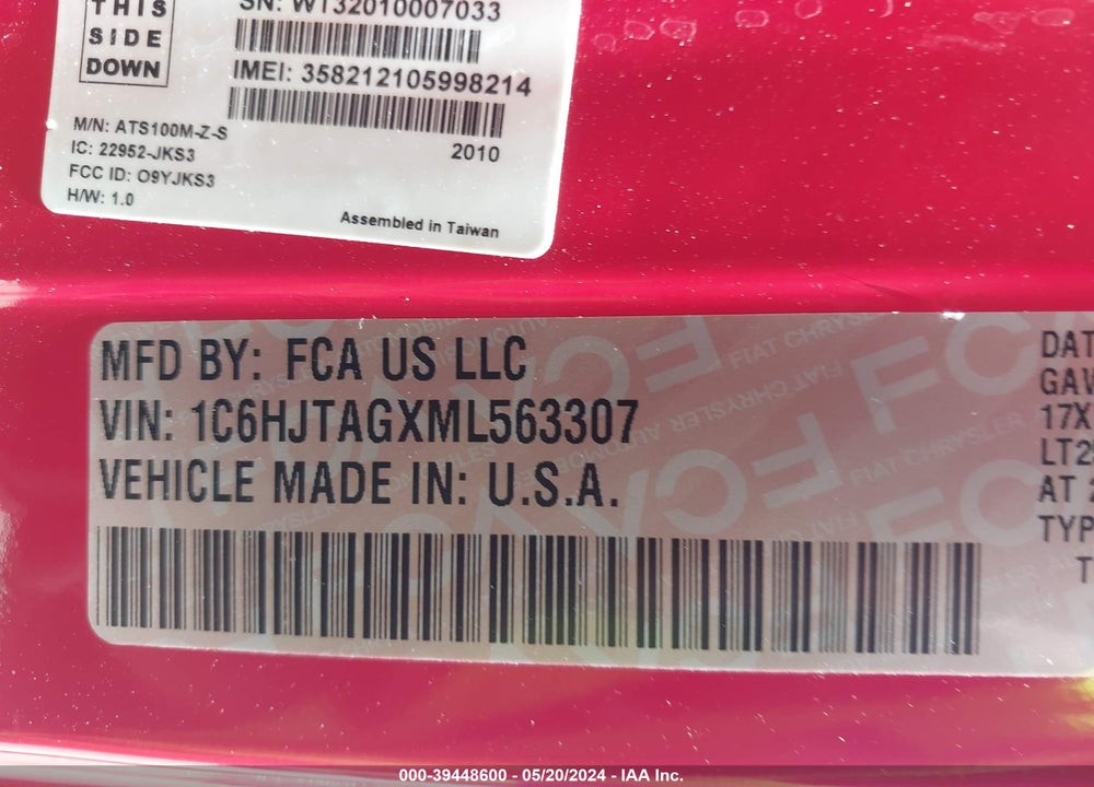2021 JEEP GLADIATOR VIN: 1C6HJTAGXML563307
