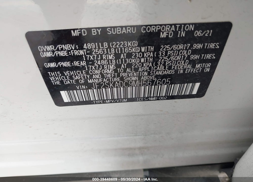 2021 SUBARU FORESTER VIN: JF2SKADC9MH567605