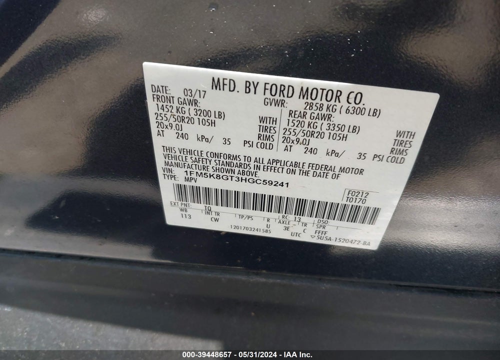 2017 FORD EXPLORER SPORT VIN: 1FM5K8GT3HGC59241