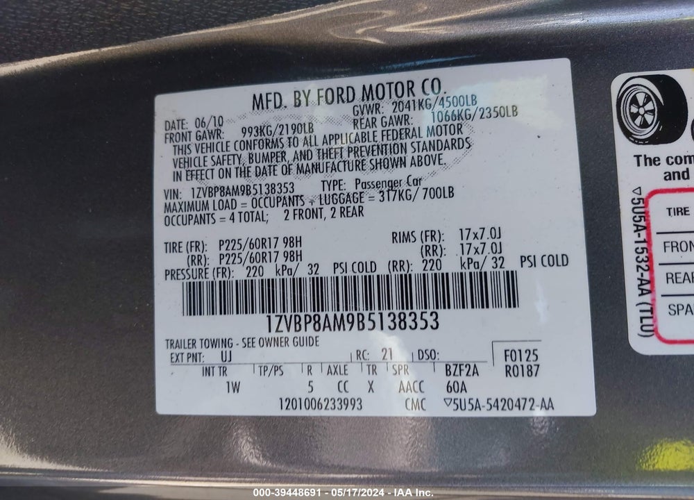 2011 FORD MUSTANG V6 VIN: 1ZVBP8AM9B5138353