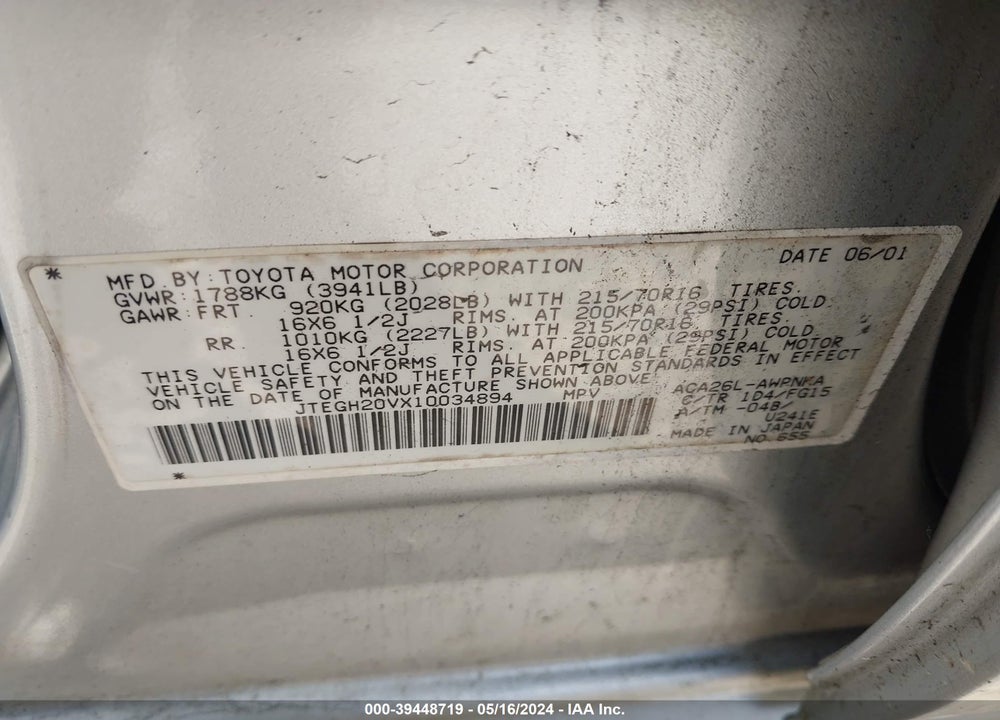 2001 TOYOTA RAV4 VIN: JTEGH20VX10034894