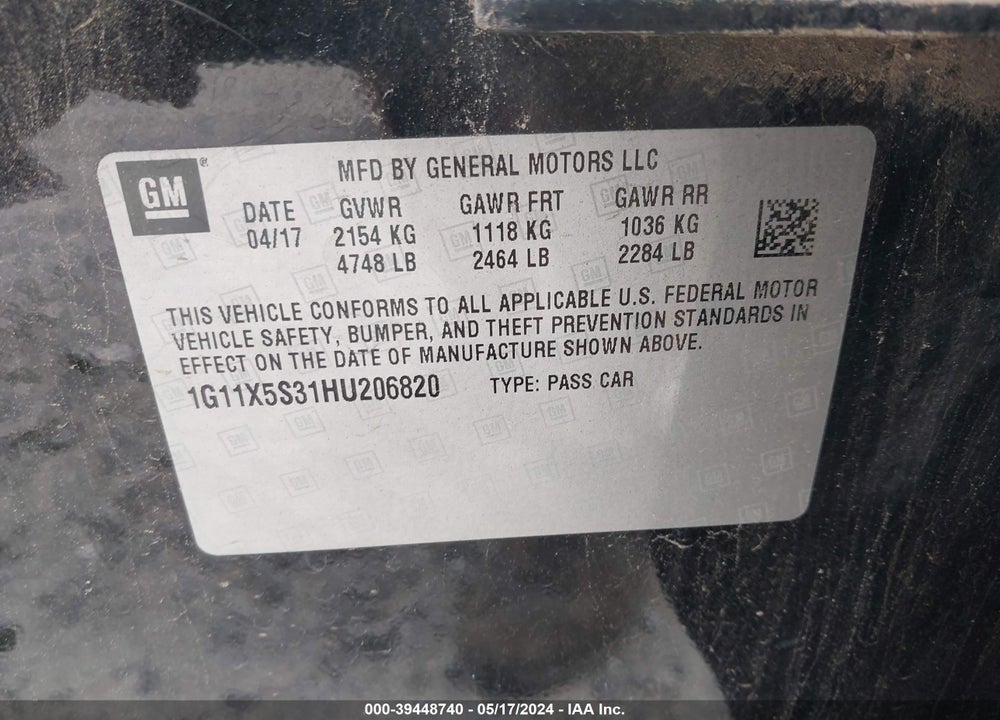 2017 CHEVROLET IMPALA 1FL VIN: 1G11X5S31HU206820