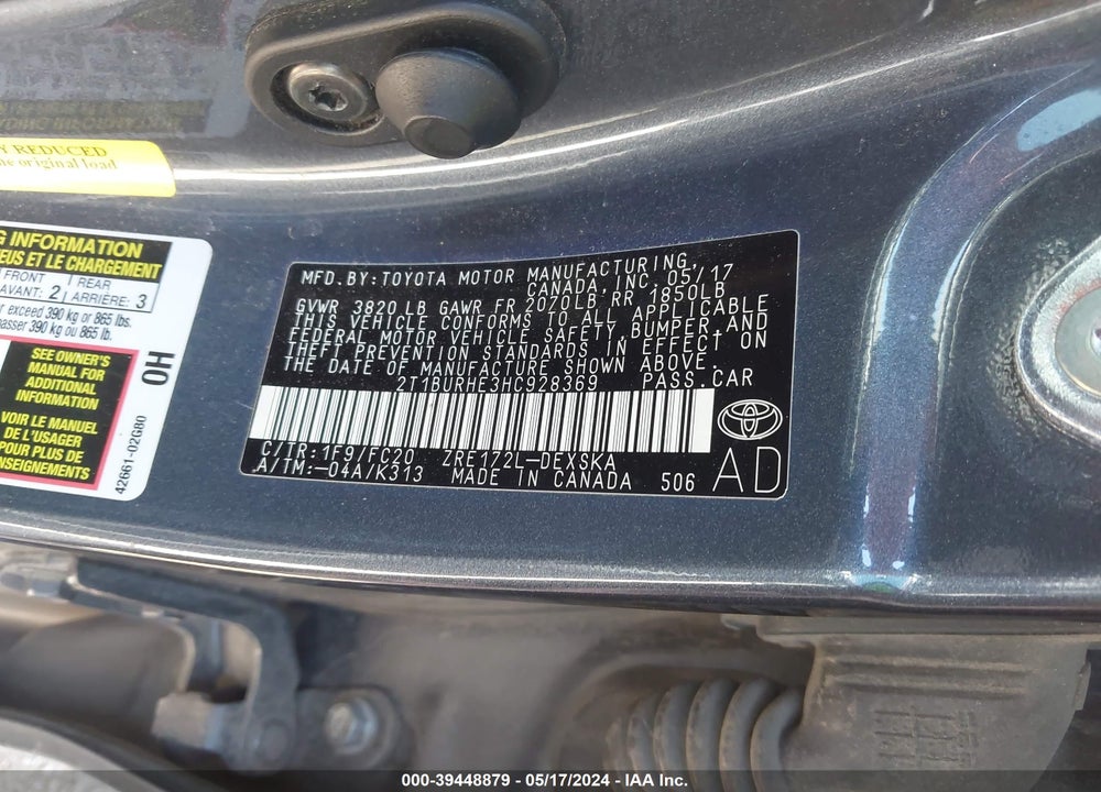2017 TOYOTA COROLLA SE VIN: 2T1BURHE3HC928369