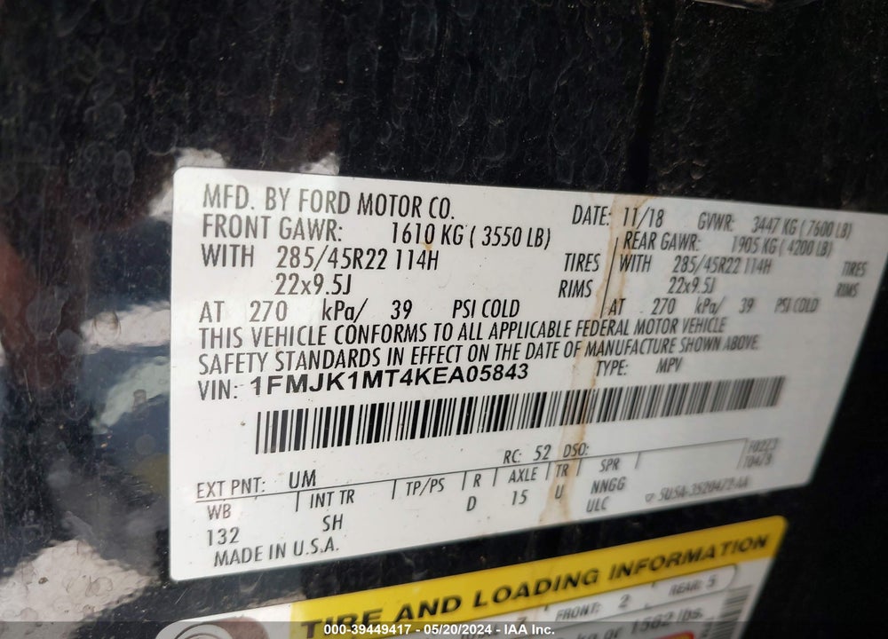 2019 FORD EXPEDITION MAX PLATINUM VIN: 1FMJK1MT4KEA05843
