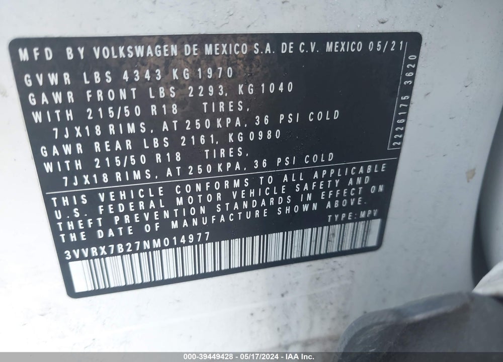 2022 VOLKSWAGEN TAOS 1.5T SE VIN: 3VVRX7B27NM014977