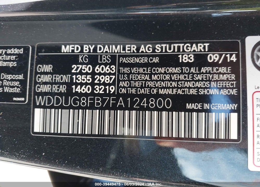 2015 MERCEDES-BENZ S 550 4MATIC VIN: WDDUG8FB7FA124800