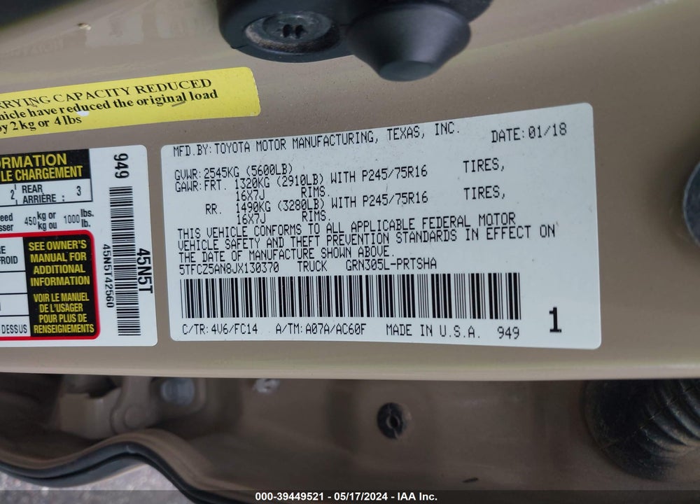 2018 TOYOTA TACOMA SR5 V6 VIN: 5TFCZ5AN8JX130370