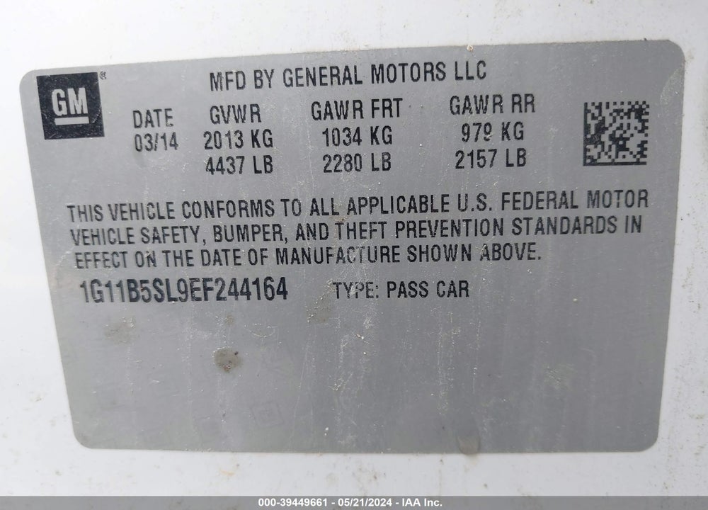2014 CHEVROLET MALIBU 1LS VIN: 1G11B5SL9EF244164