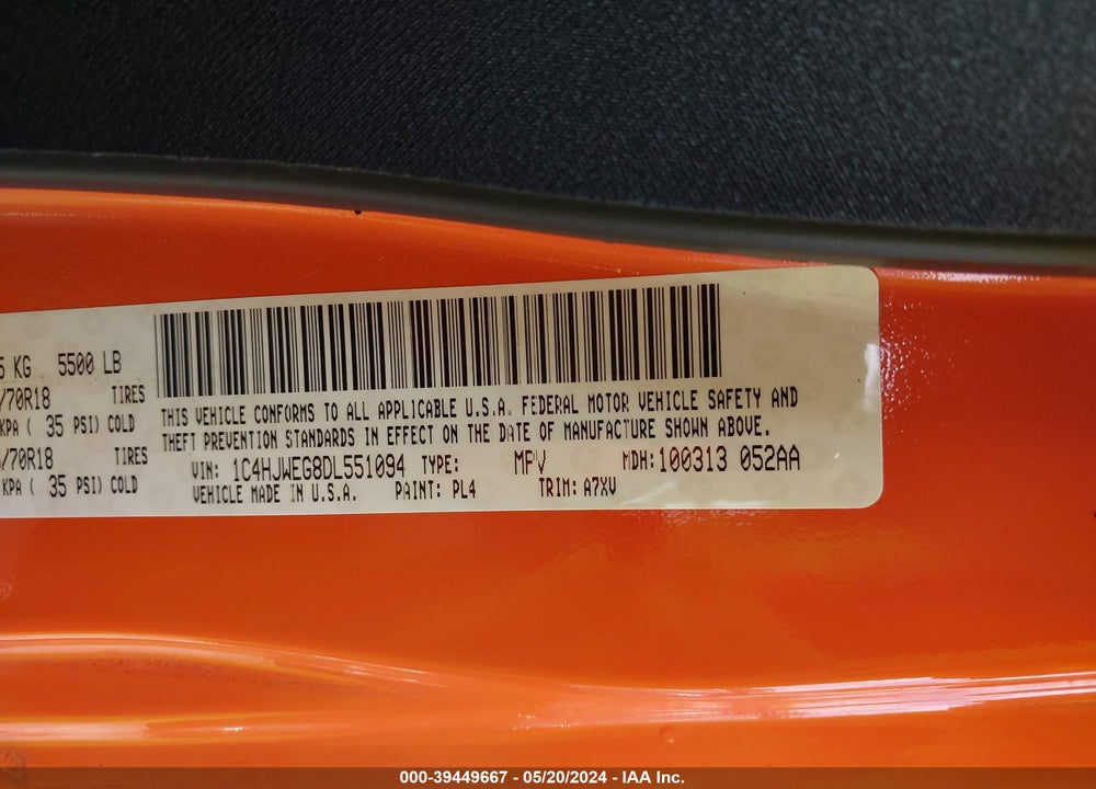 2013 JEEP WRANGLER UNLIMITED SAHARA VIN: 1C4HJWEG8DL551094