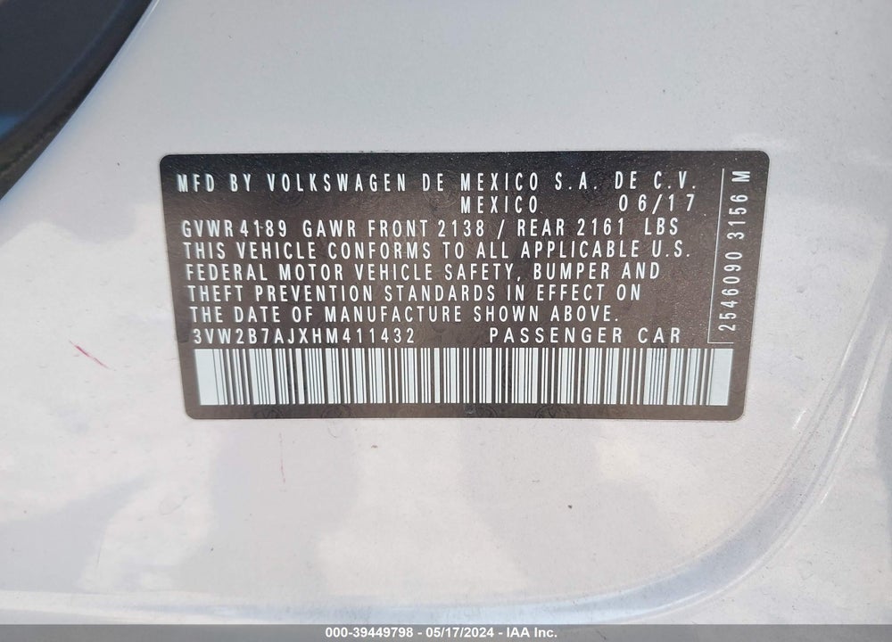 2017 VOLKSWAGEN JETTA 1.4T S VIN: 3VW2B7AJXHM411432