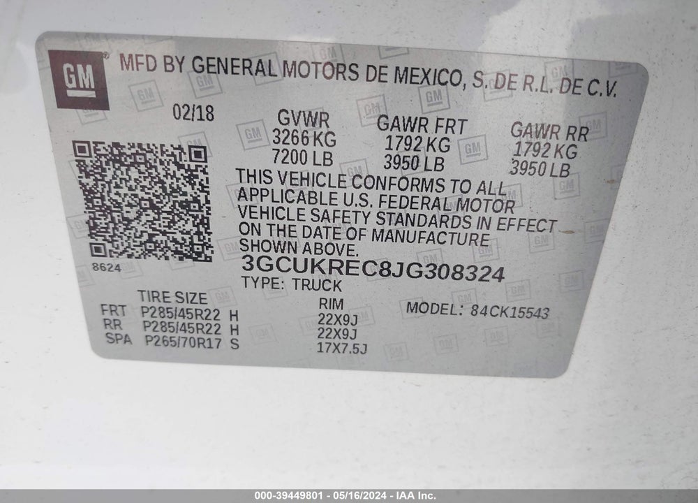2018 CHEVROLET SILVERADO 1500 2LT VIN: 3GCUKREC8JG308324