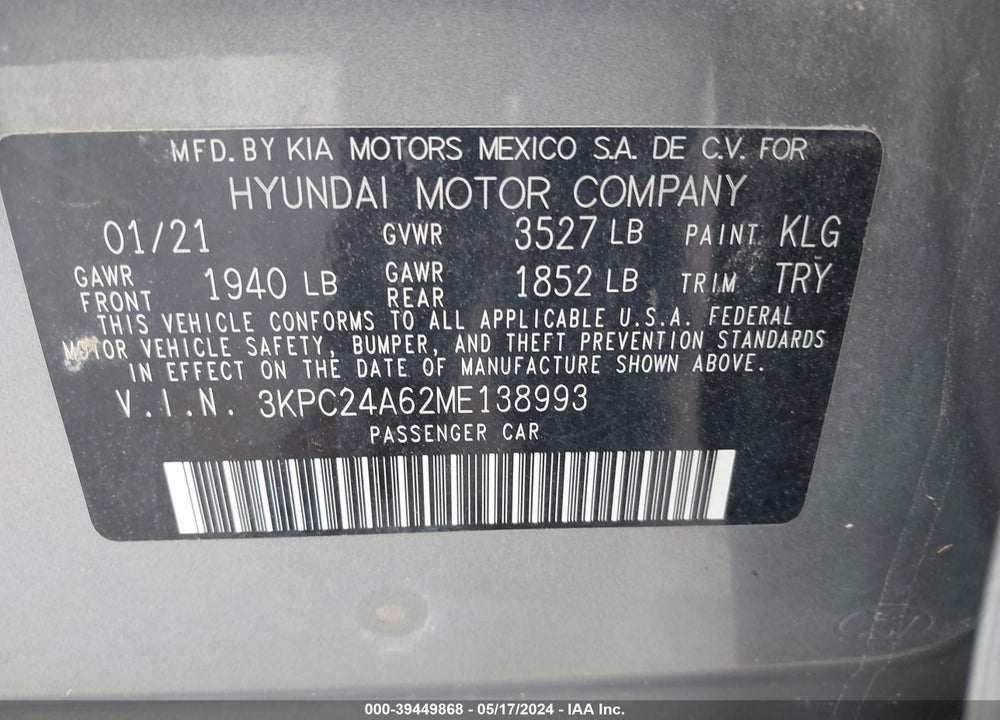 2021 HYUNDAI ACCENT SE VIN: 3KPC24A62ME138993