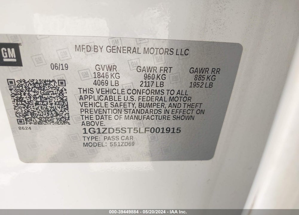 2020 CHEVROLET MALIBU FWD LT VIN: 1G1ZD5ST5LF001915