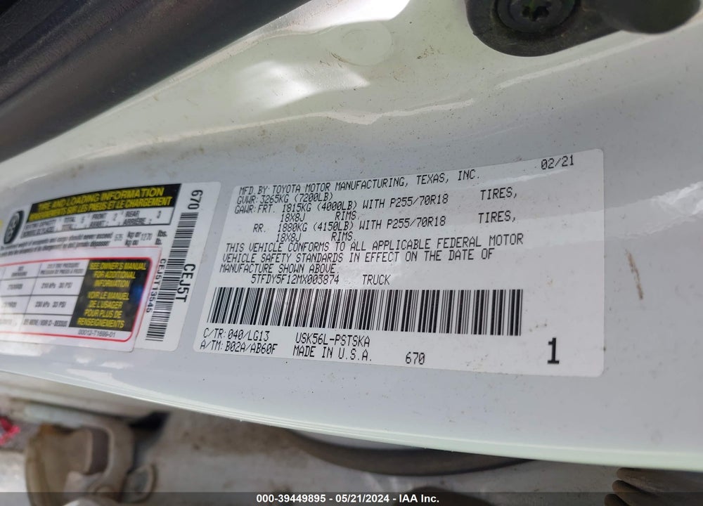 2021 TOYOTA TUNDRA SR5 VIN: 5TFDY5F12MX003874
