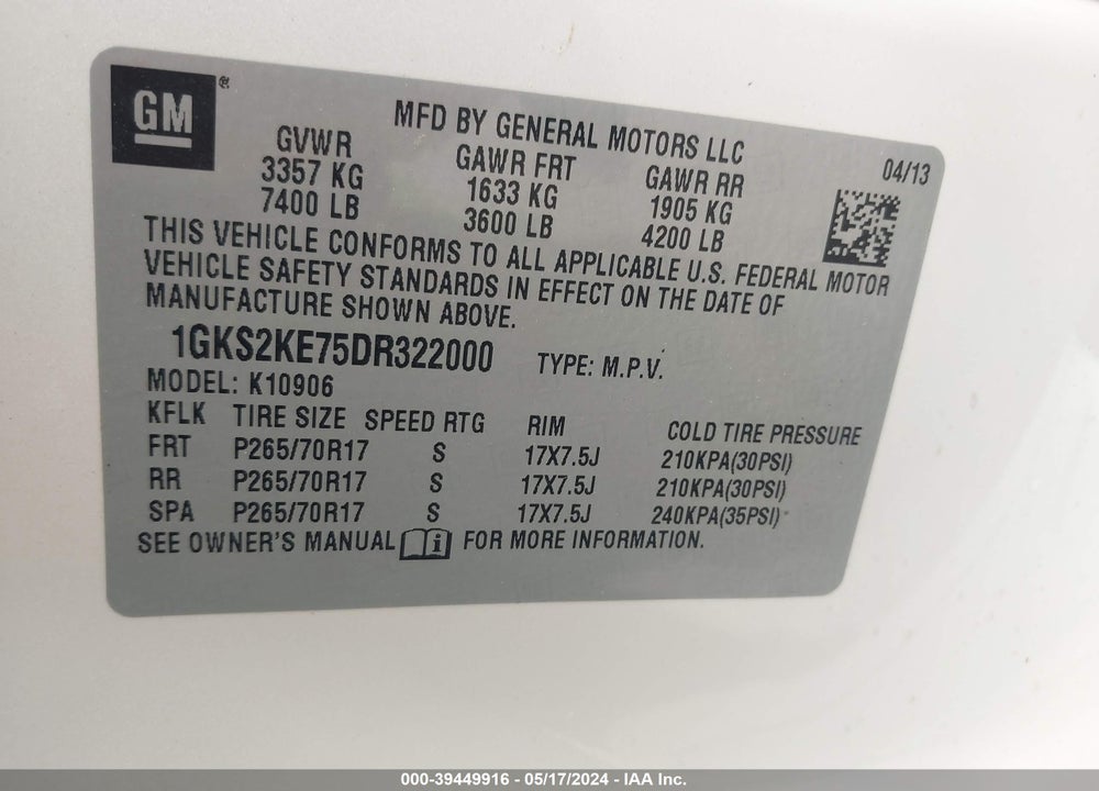 2013 GMC YUKON XL 1500 SLT VIN: 1GKS2KE75DR322000