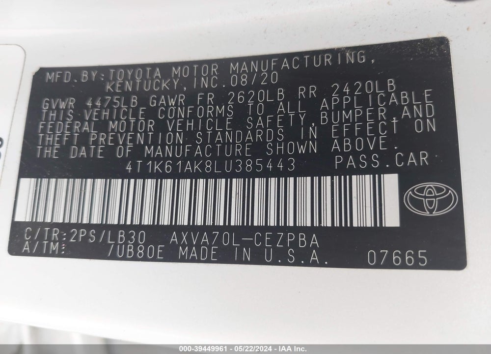 2020 TOYOTA CAMRY XSE VIN: 4T1K61AK8LU385443