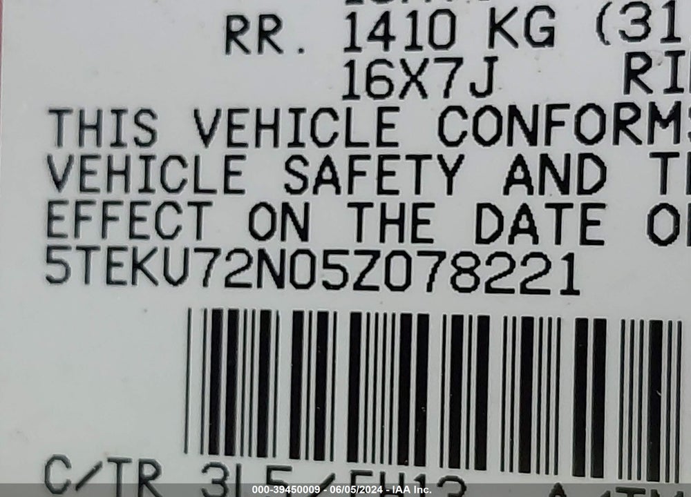2005 TOYOTA TACOMA PRERUNNER V6 VIN: 5TEKU72N05Z078221