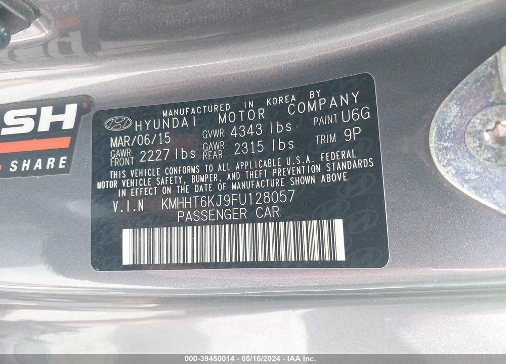 2015 HYUNDAI GENESIS 3.8 BASE VIN: KMHHT6KJ9FU128057