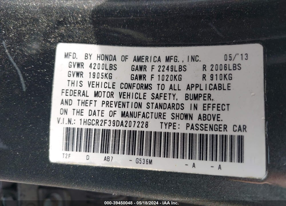 2013 HONDA ACCORD LX VIN: 1HGCR2F39DA207228
