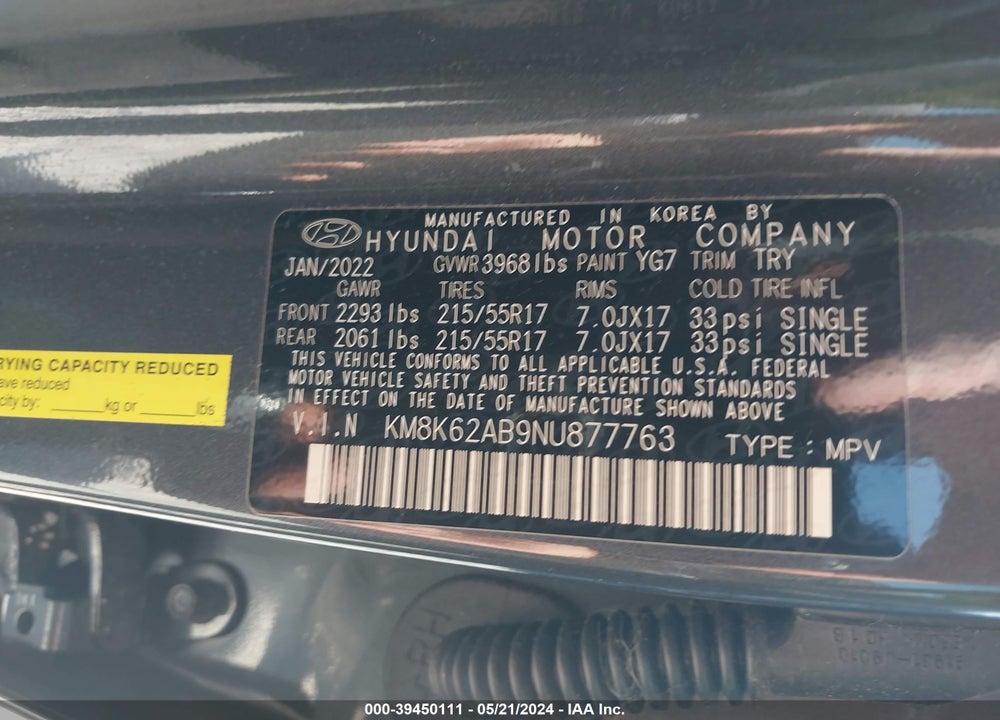 2022 HYUNDAI KONA SEL VIN: KM8K62AB9NU877763