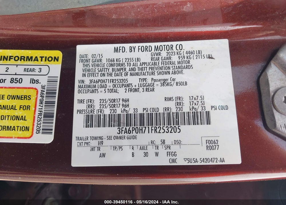 2015 FORD FUSION SE VIN: 3FA6P0H71FR253205