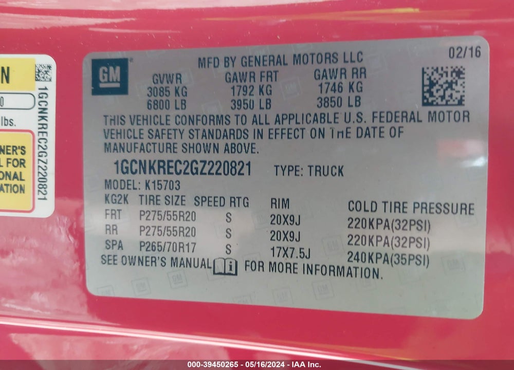 2016 CHEVROLET SILVERADO 1500 2LT VIN: 1GCNKREC2GZ220821