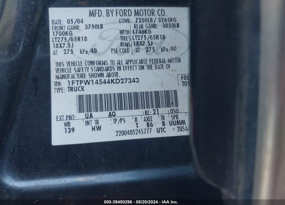 2004 FORD F-150 FX4/LARIAT/XLT VIN: 1FTPW14544KD27343