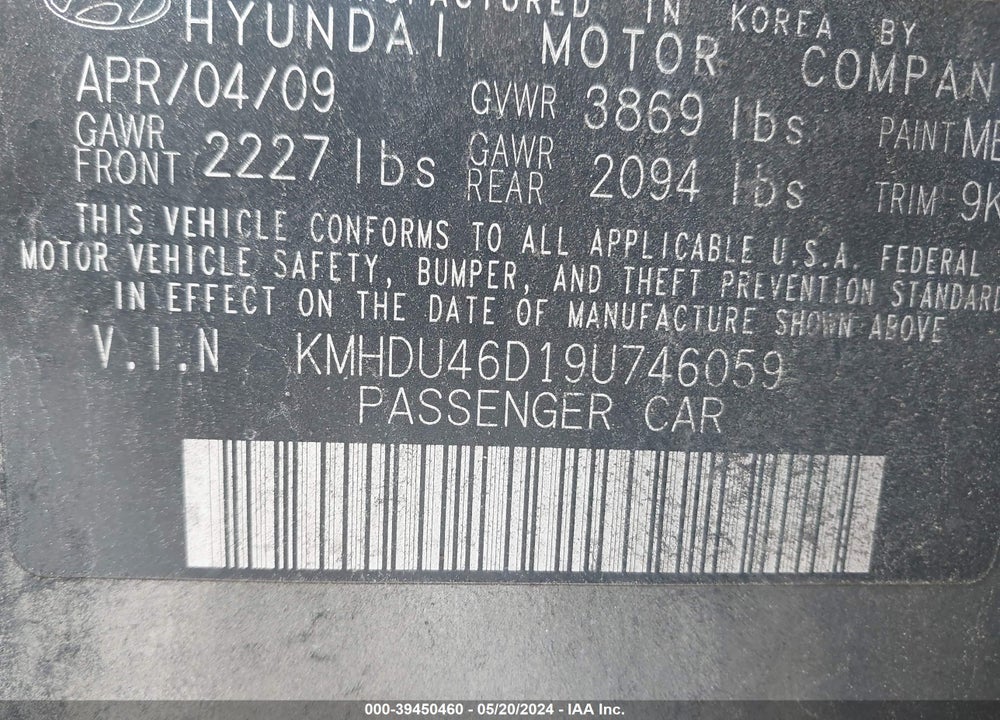 2009 HYUNDAI ELANTRA GLS VIN: KMHDU46D19U746059