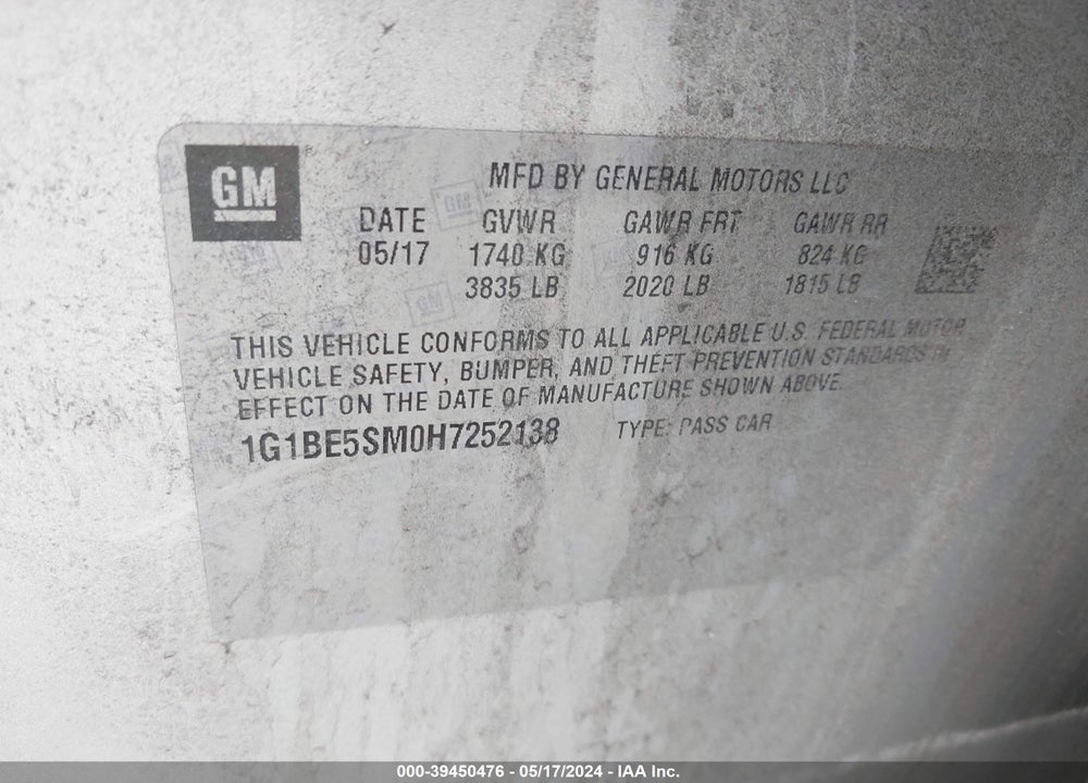 2017 CHEVROLET CRUZE LT AUTO VIN: 1G1BE5SM0H7252138