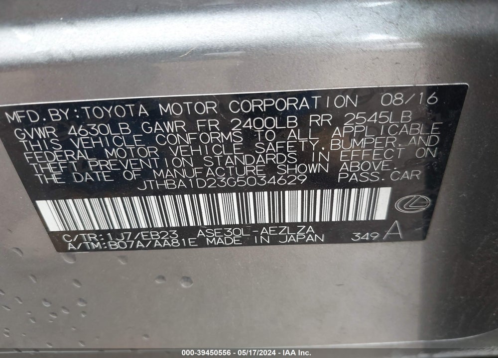 2016 LEXUS IS 200T VIN: JTHBA1D23G5034629