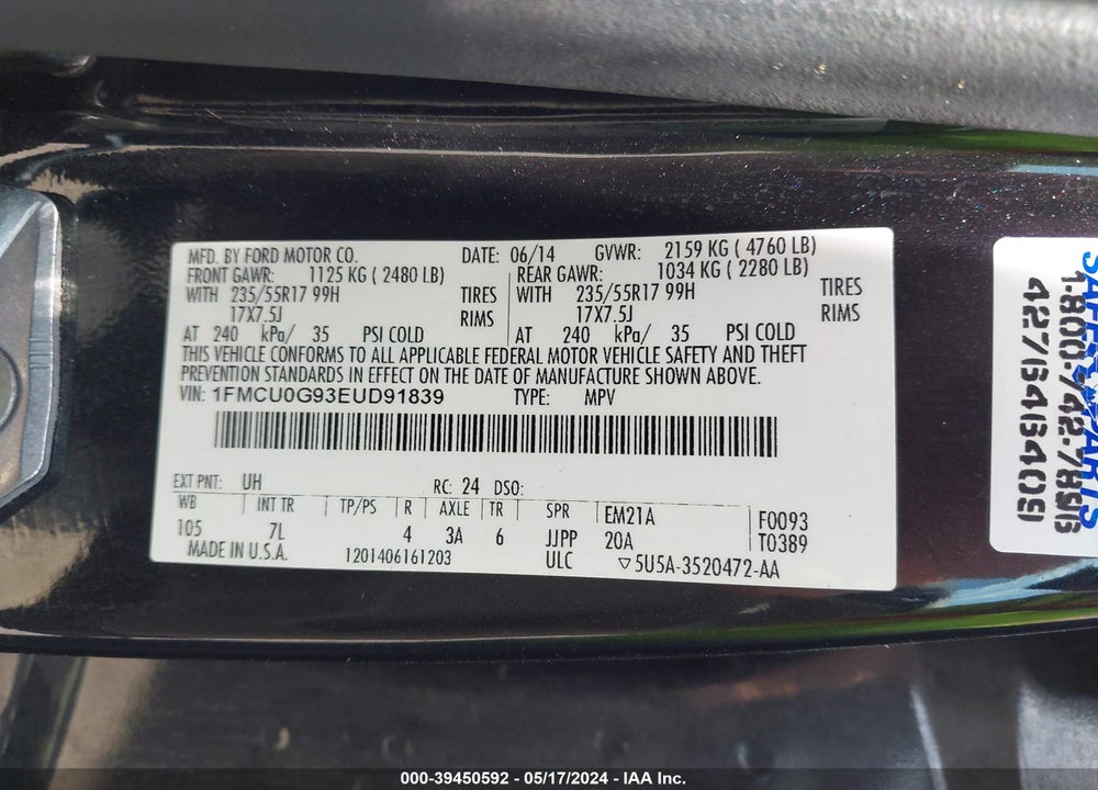 2014 FORD ESCAPE SE VIN: 1FMCU0G93EUD91839