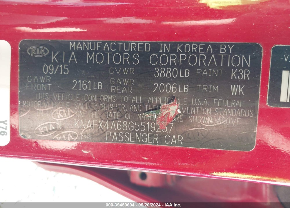 2016 KIA FORTE LX VIN: KNAFX4A68G5519257