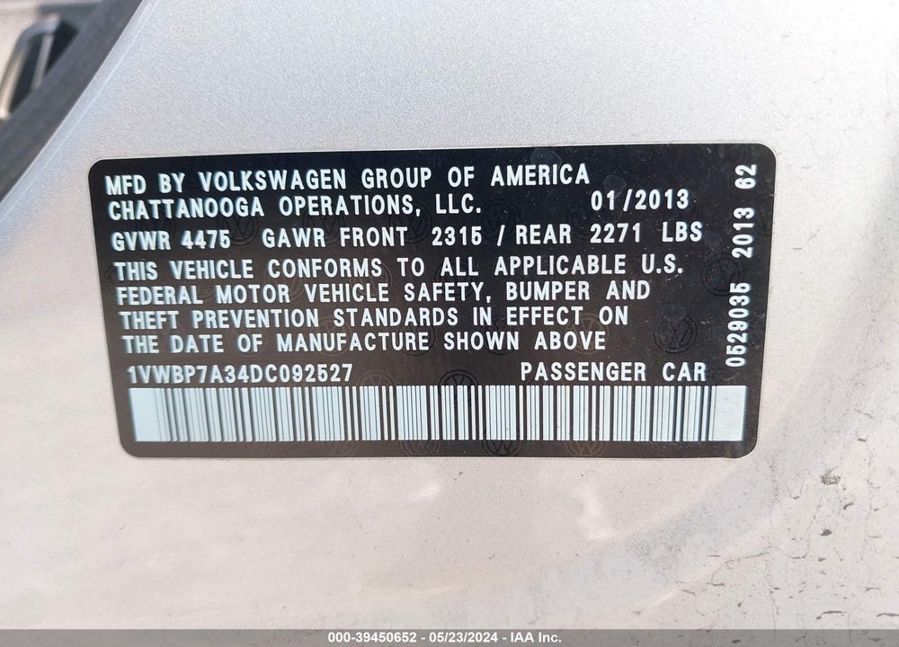 2013 VOLKSWAGEN PASSAT 2.5L SE VIN: 1VWBP7A34DC092527