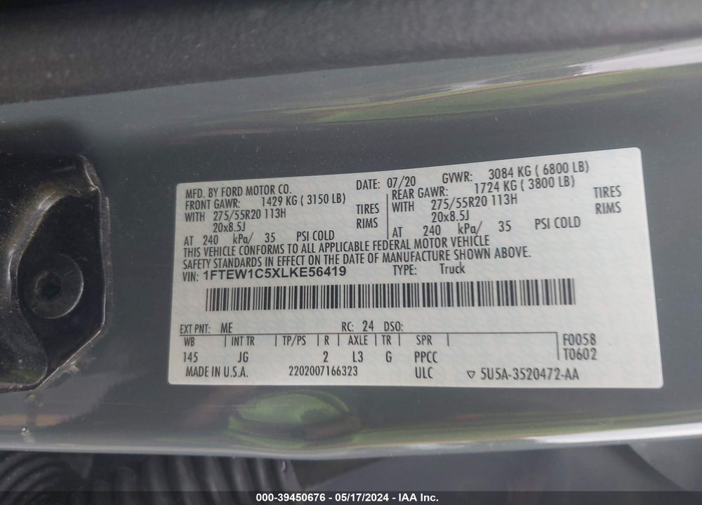 2020 FORD F-150 XL VIN: 1FTEW1C5XLKE56419