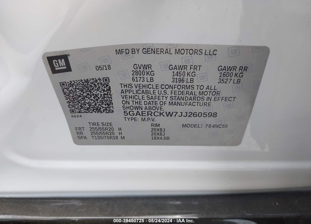 2018 BUICK ENCLAVE PREMIUM VIN: 5GAERCKW7JJ260598