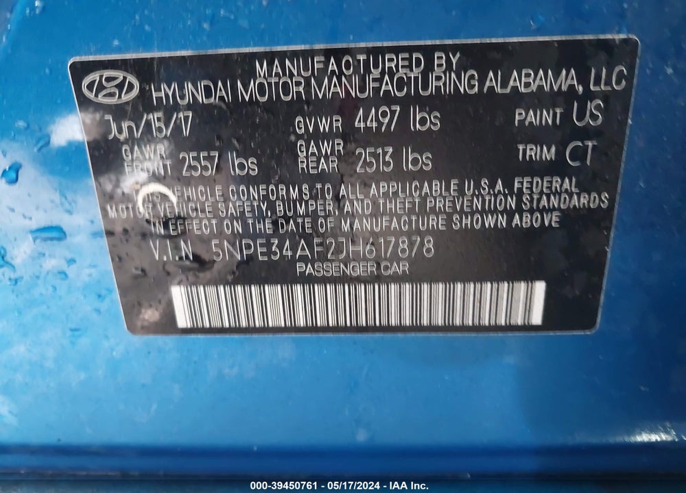 2018 HYUNDAI SONATA SPORT VIN: 5NPE34AF2JH617878