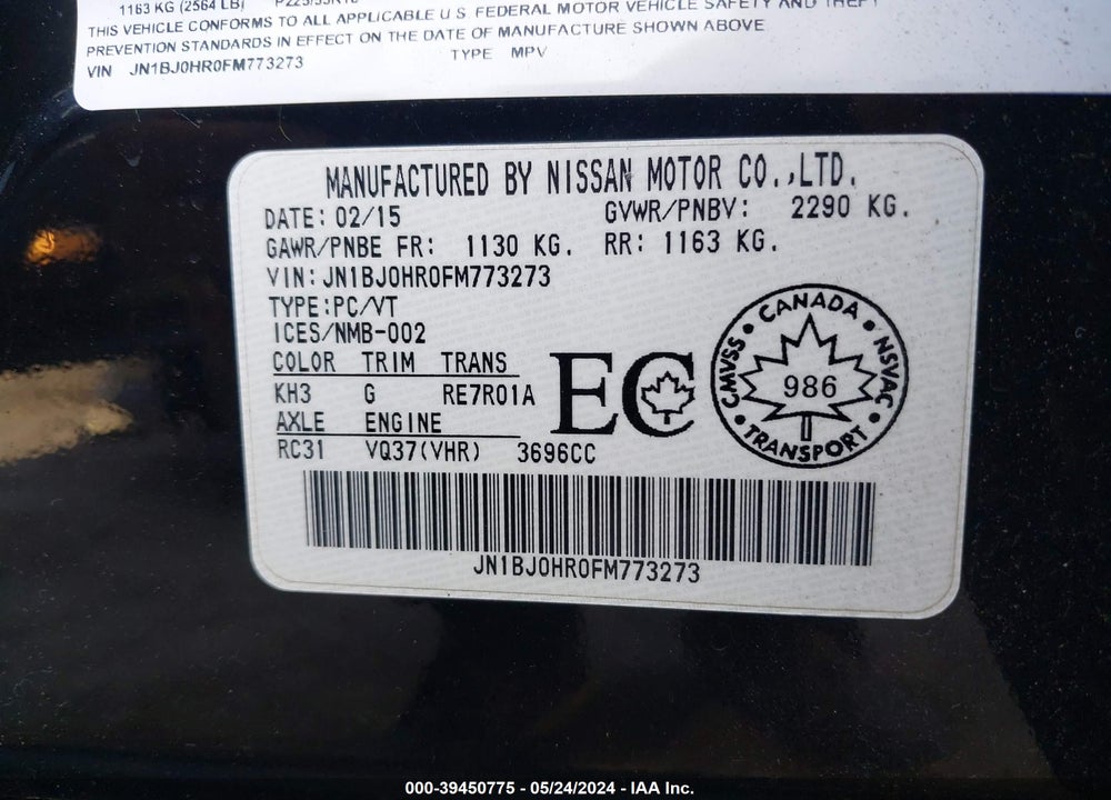 2015 INFINITI QX50 JOURNEY VIN: JN1BJ0HR0FM773273