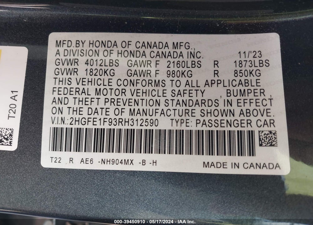 2024 HONDA CIVIC TOURING VIN: 2HGFE1F93RH312590
